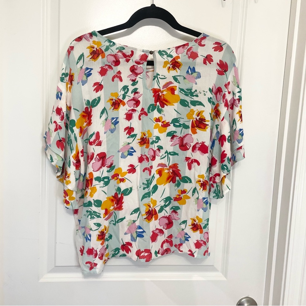 Bobeau Watercolor Floral White Green Bat Ruffle‎ Sleeve Summer Blouse-Small - Picture 8 of 9